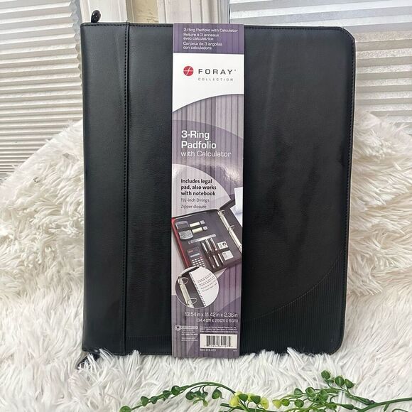 Foray 3 Ring Black Faux Leather Zip Around Padfolio Binder Organizer NEW - Picture 1 of 11